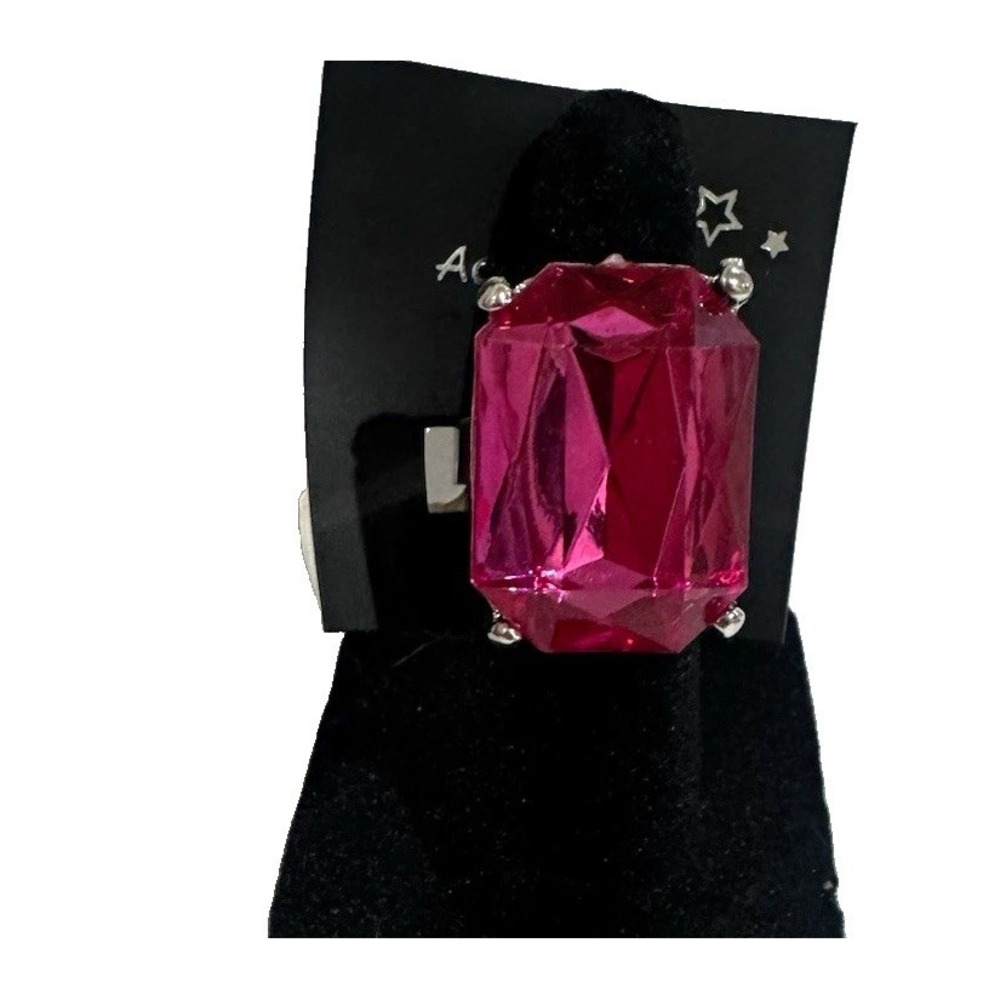 Silver Tone Adjustable Cocktail Ring Pink Emerald-Cut Crystal Prong Set